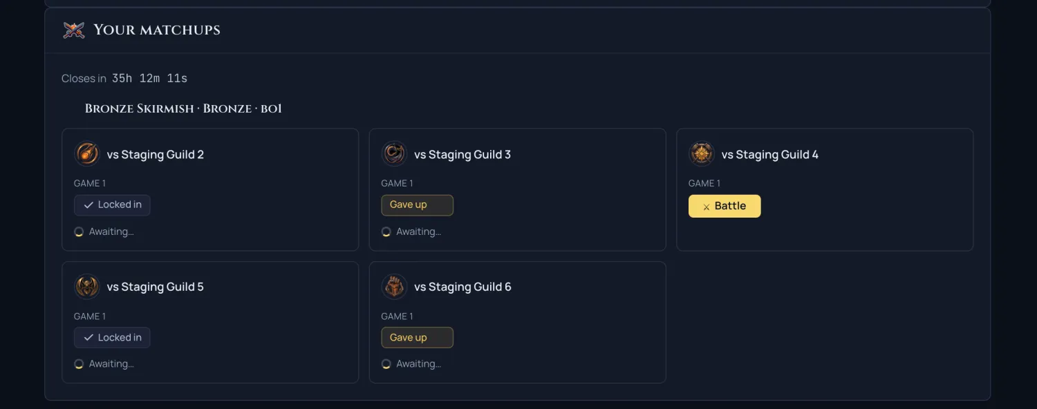 The guild brawl Your Matchups combat board, with a countdown, a best-of-one Bronze series, and matchup tiles versus rival guilds showing Locked in, Gave up, and a gold Battle button