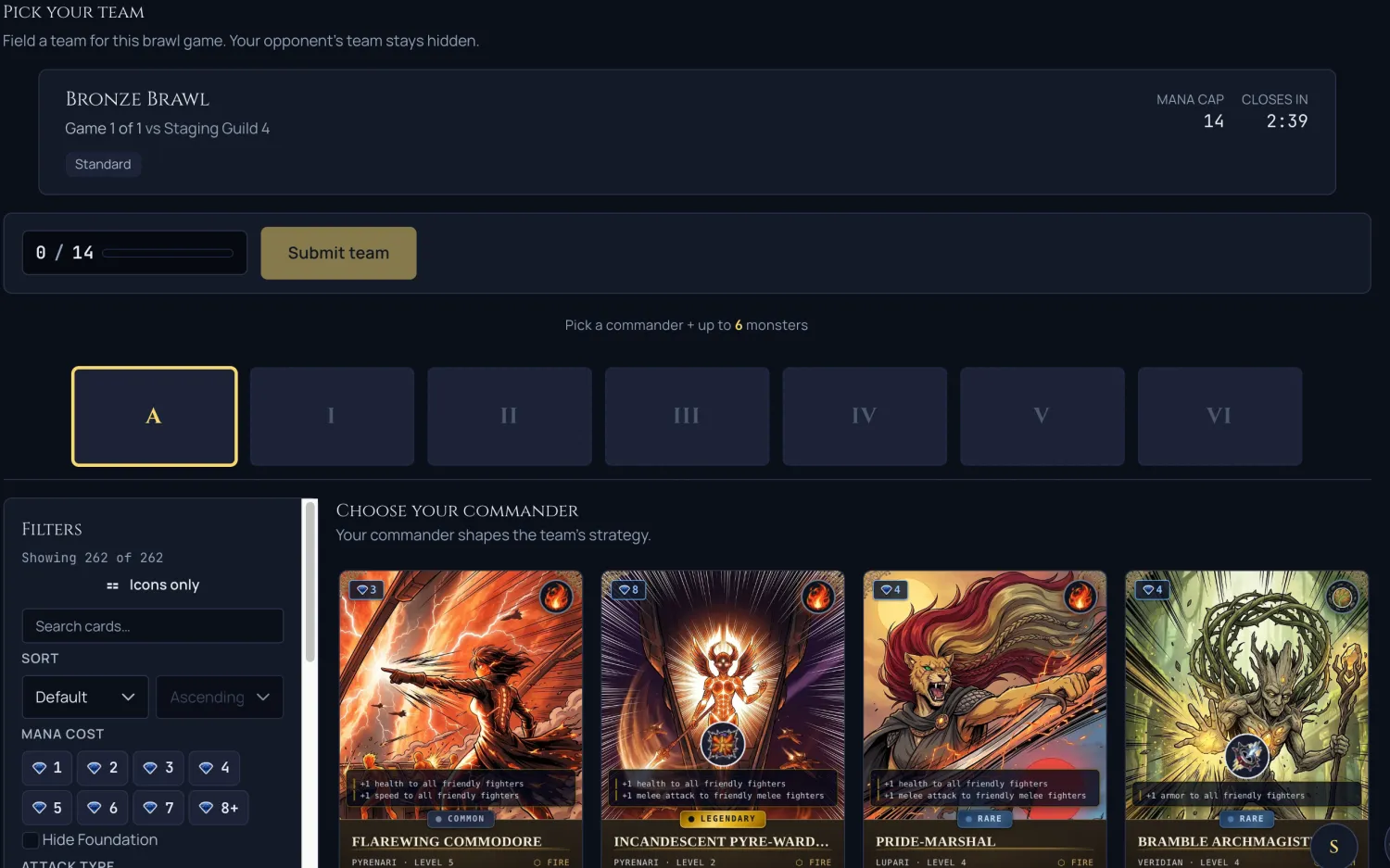 The per-game brawl team picker, with a Pick your team header, a commander and monster slot row, a filter rail, and a populated card grid