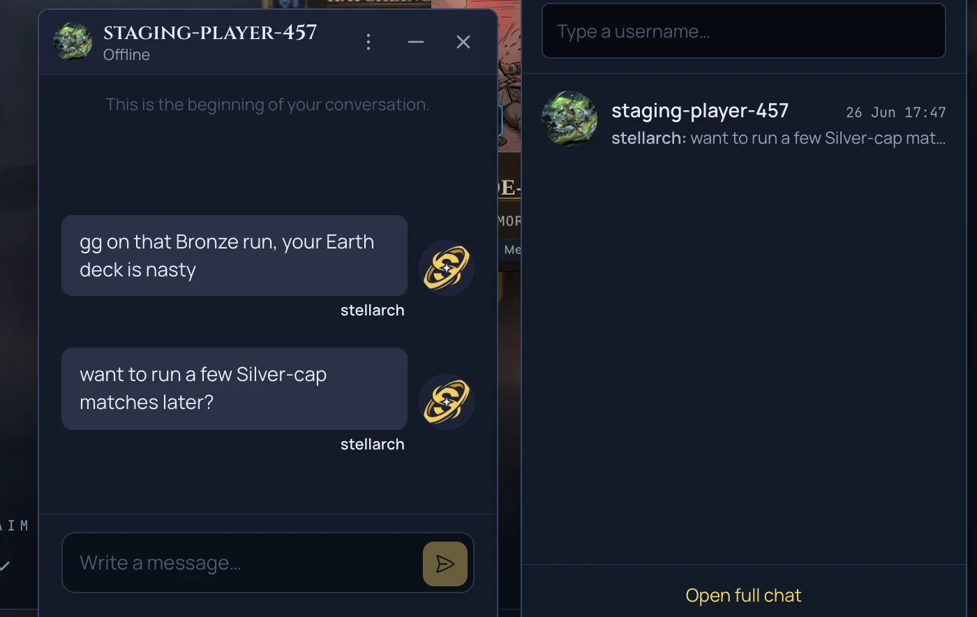 The bottom chat dock, with an open direct-message panel of message bubbles and a composer beside a Messages list showing a conversation and timestamp