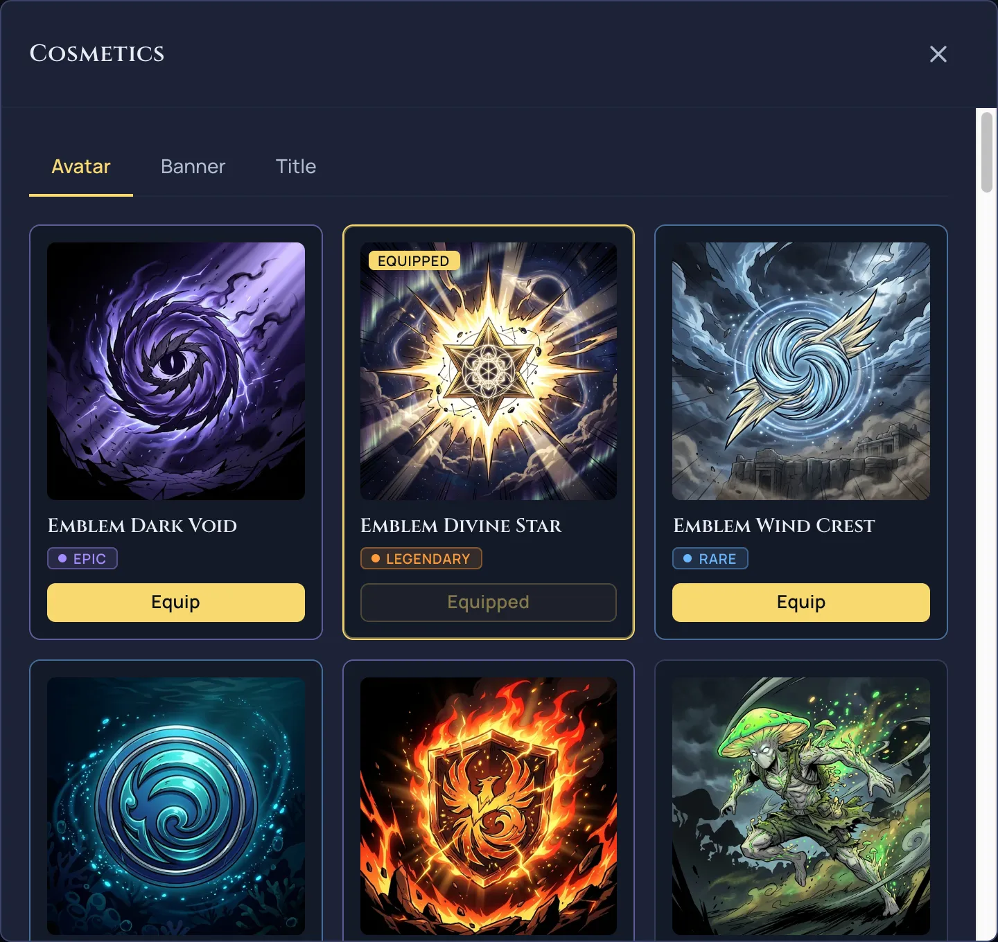 The cosmetics picker modal with Avatar, Banner, and Title tabs and a grid of rarity-tiered avatar emblems, one marked Equipped