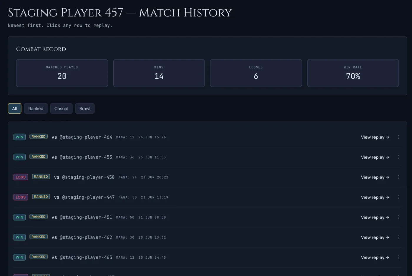 A player's Match History page, with a combat-record summary, mode filter chips with All active in gold, and a list of replayable match rows