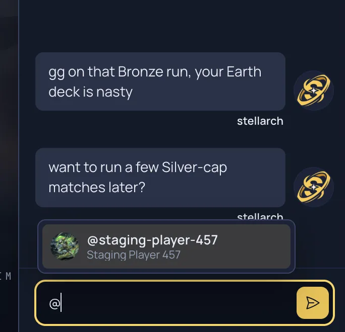 A chat composer with @ typed, showing the member mention typeahead dropdown popping above the message box
