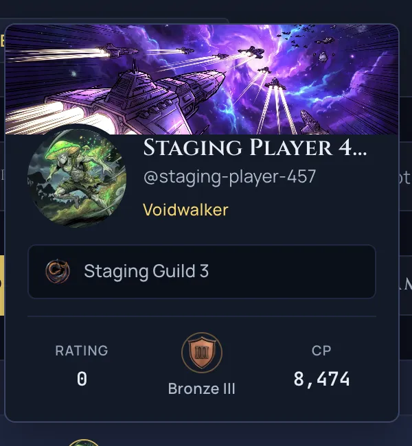 The player hover preview card, with a cosmic banner, avatar, name, title, guild, rating, league, and collection power