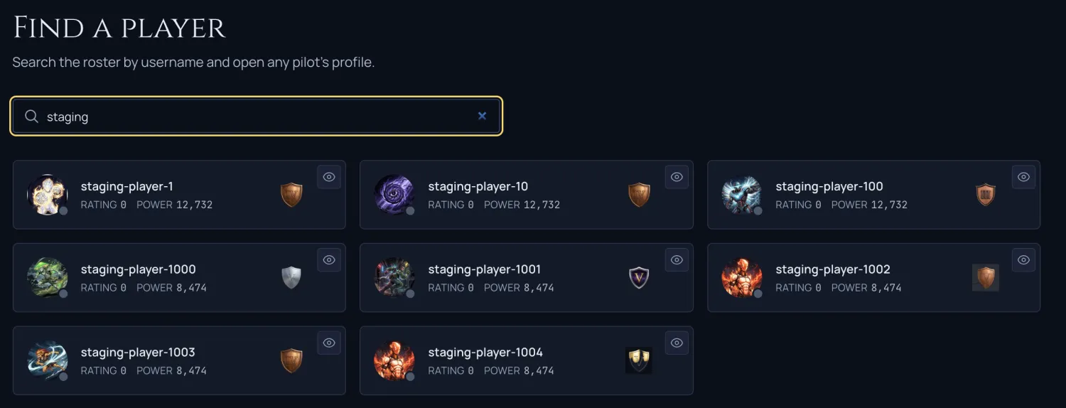 The find-a-player directory, with a username search field and a grid of player cards showing avatars, ratings, collection power, and league badges