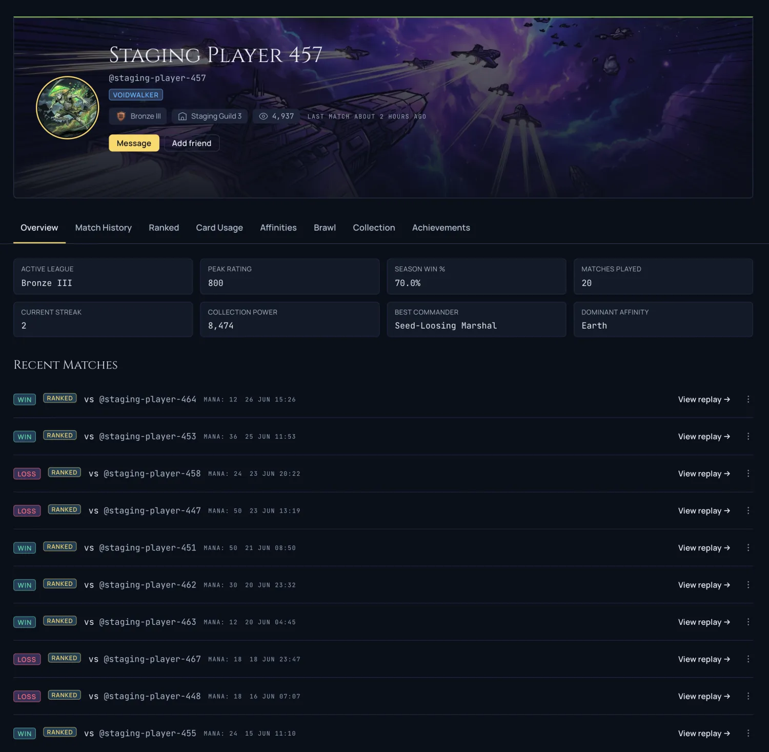 A player profile with a cosmic hero banner, league badge, and an Overview tab of stat pills and a recent-match timeline