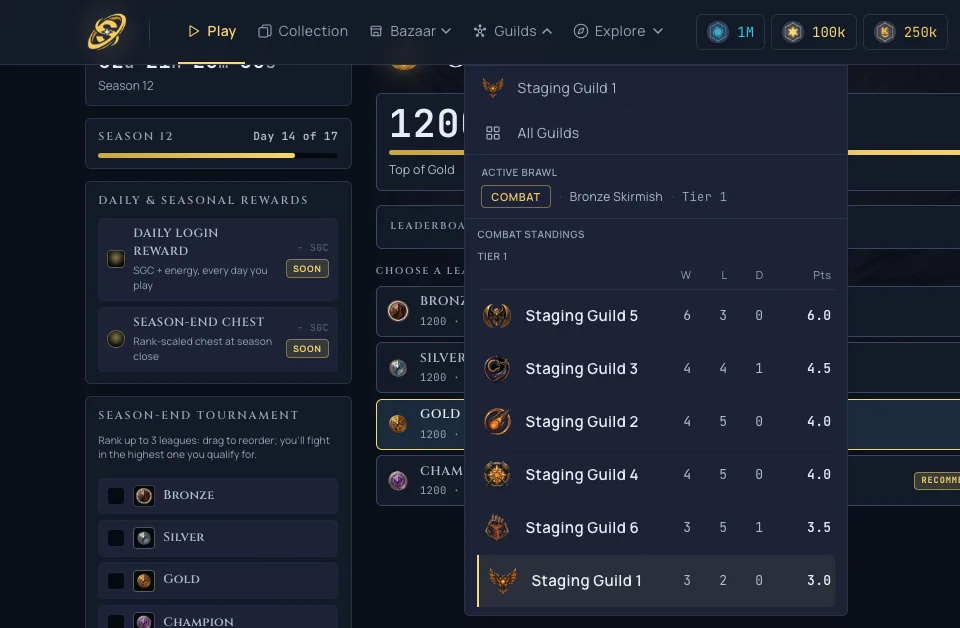 The consolidated top bar with the Guilds dropdown open, showing the active-brawl link and a condensed brawl standings leaderboard, the nav fitting cleanly with no overflow
