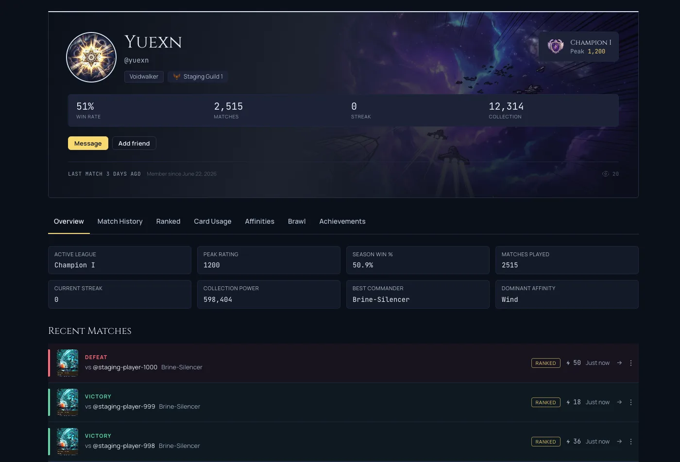 The redesigned player profile: a premium hero identity block with an affinity-ringed avatar, league rank dial, guild and streak chips, a four-stat strip, and the Overview tab with result-first recent-match rows