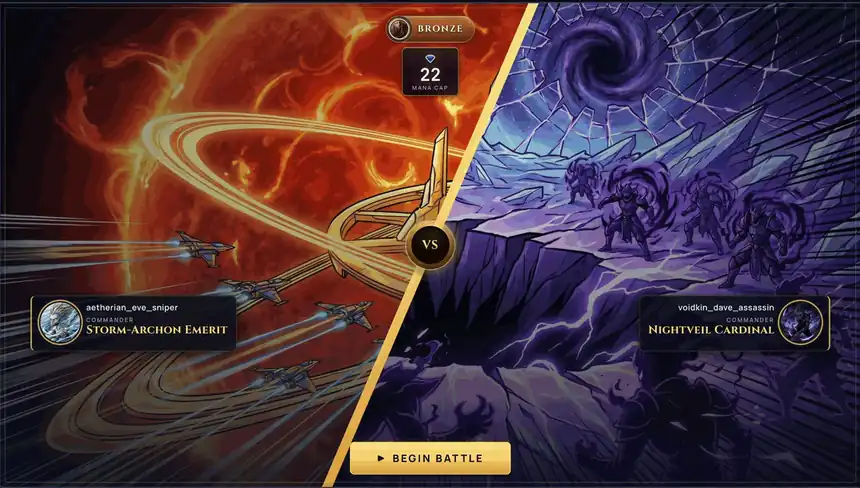 The cinematic split-screen VS showdown: two commanders facing off across a glowing gold seam with a metallic VS disc, league and rules laid out, resolving into the combat replay board