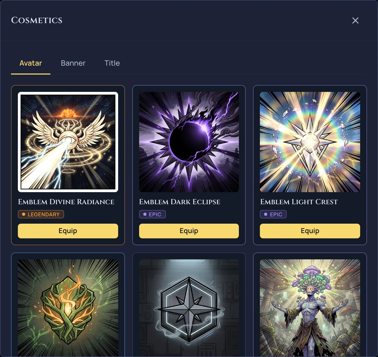 The cosmetics avatar picker, a grid of rarity-badged portrait options across the alien races and affinities