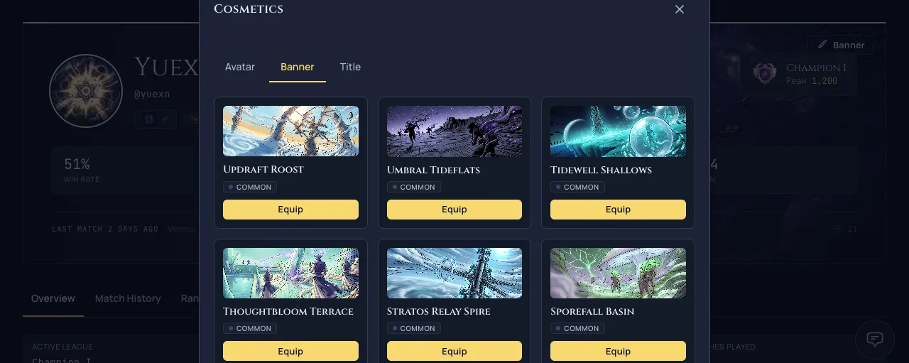 The profile banner picker, a grid of wide cinematic banner backdrops with rarity badges