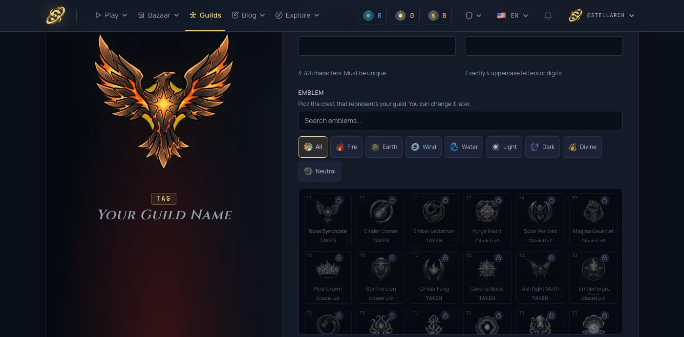 The guild emblem picker, a dense grid of heraldic crests with rarity tiers and higher tiers locked behind a Citadel level