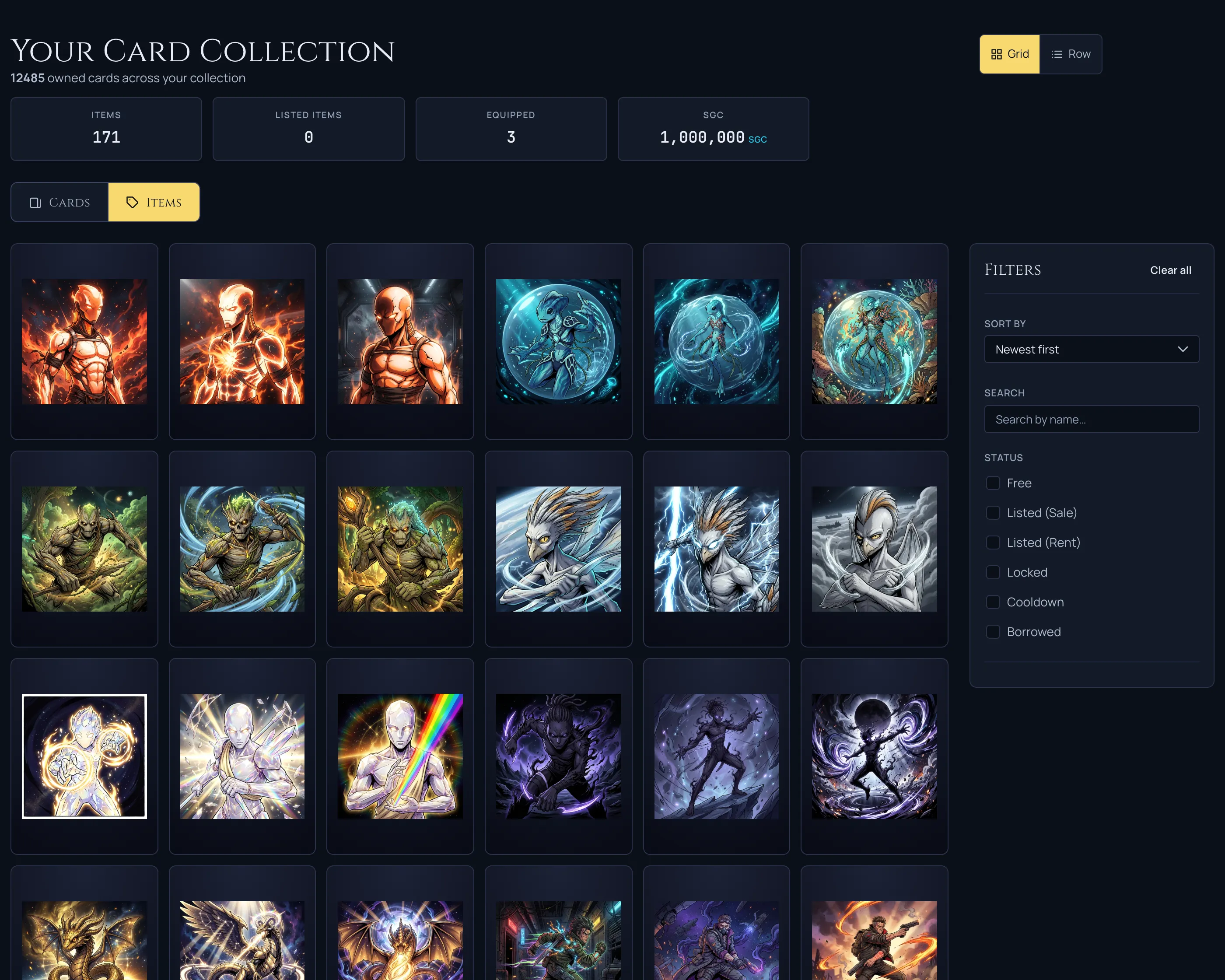 The collection's new Items tab, with the Cards and Items toggle switched to Items and a grid of owned cosmetic items