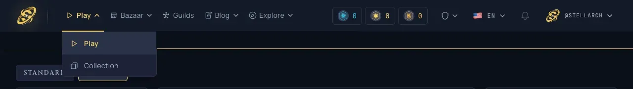 The desktop header with the Play menu open, grouping Play and Collection under one dropdown