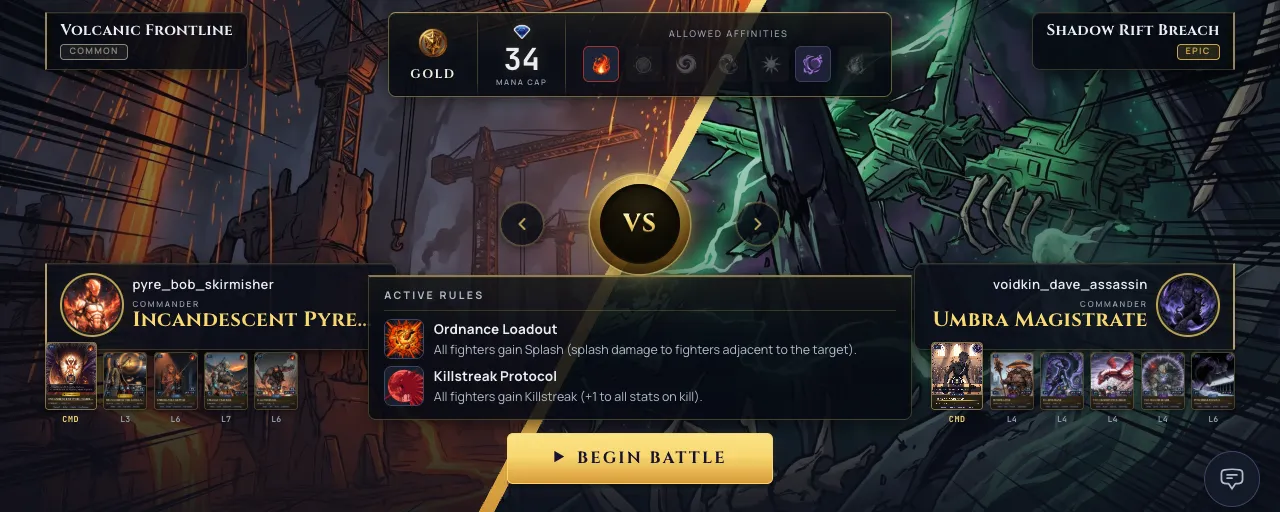 A showcase battle's pre-battle screen with unique per-league banner art on each side and a dark-glass league badge on the divider