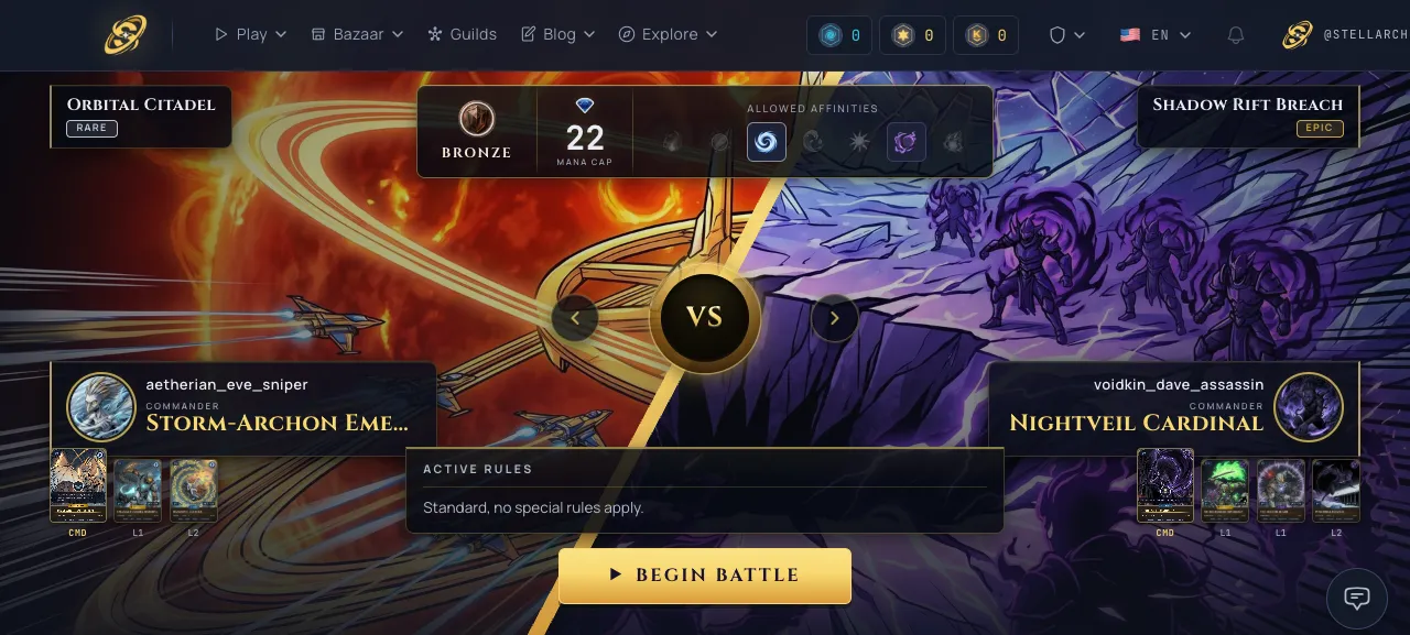 The pre-battle VS-showdown overlay: two teams split across a glowing gold seam, each with a roster strip, the central match details panel, and the active rules below