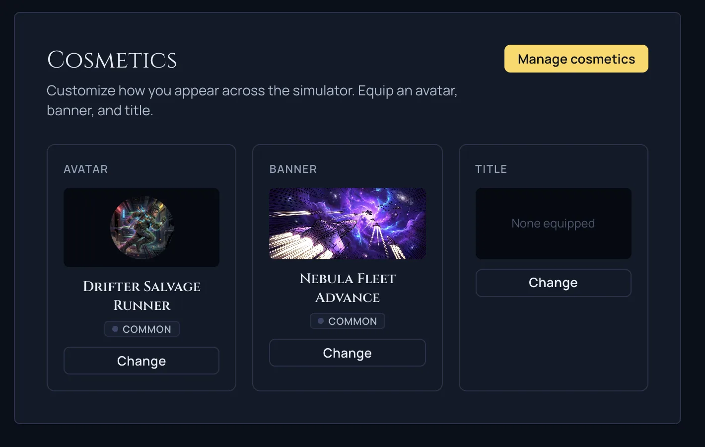 The profile Cosmetics loadout with Avatar, Banner, and Title slots, each equipped item showing its name and a rarity badge