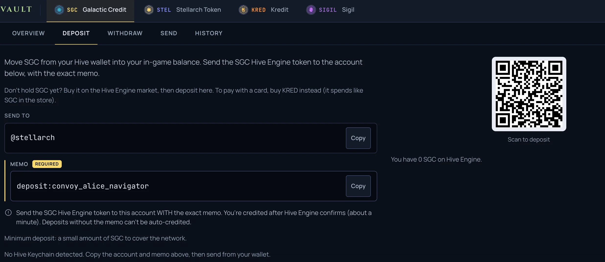 The wallet Deposit tab in its new two-column layout: the copyable account and required memo on the left, a scan-to-deposit QR code on the right
