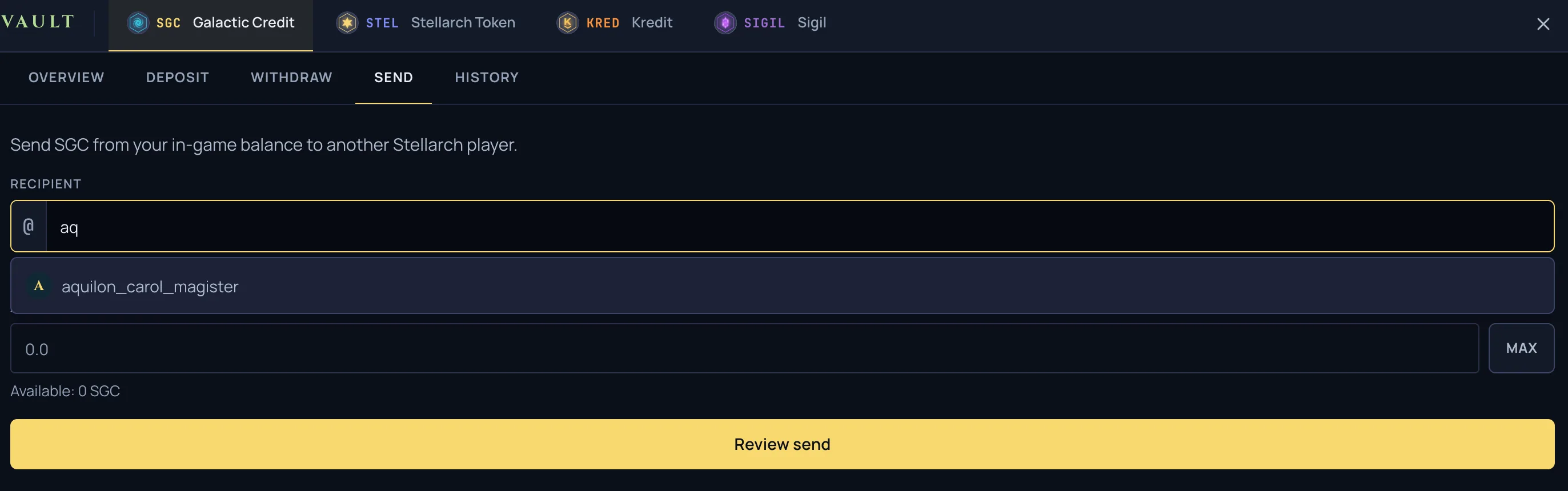 The wallet Send tab with the new recipient autocomplete: typing a few letters surfaces a matching-player suggestion under the recipient field