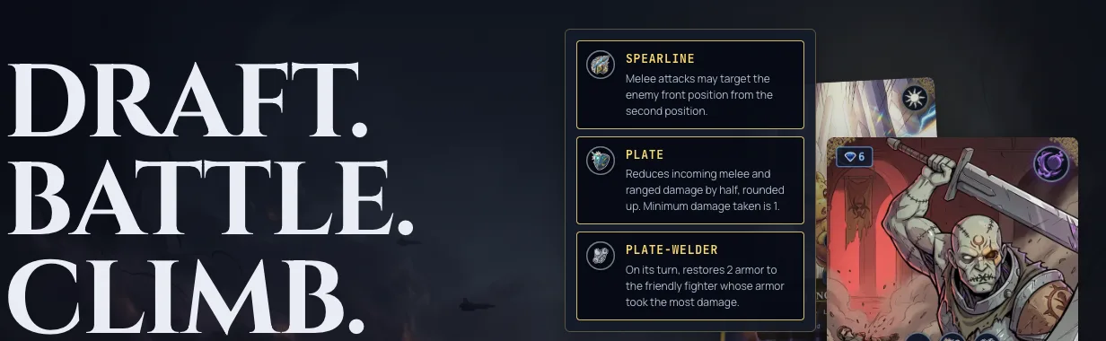 The landing hero wordmark beside three gold-bordered ability boxes, each with an icon, a gold name, and a plain-language description, revealed next to the anime card art on hover