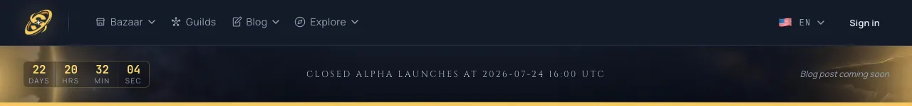 A sticky launch-countdown bar beneath the top navigation: a gold gem-chip timer counting days, hours, minutes, and seconds on the left, the centered launch datetime of 24 July 16:00 UTC, and a Blog post coming soon note on the right