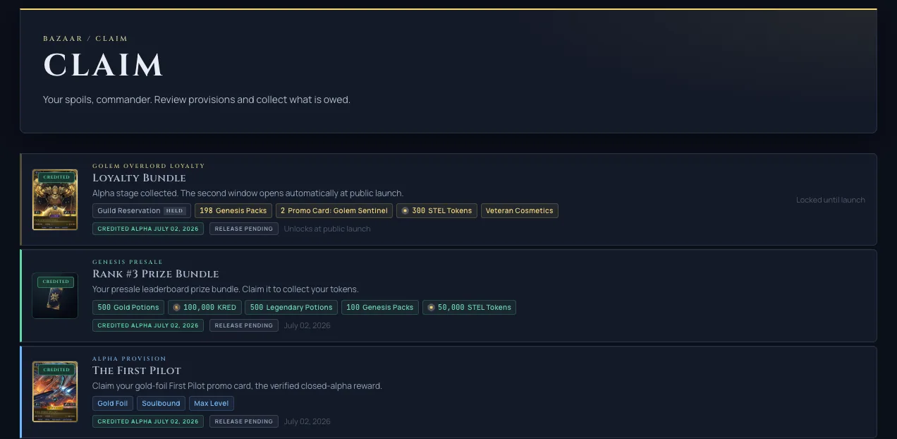 The unified Claim page under the Bazaar: a cinematic header, a sticky aggregate bar, and one sorted ledger of claimable, pending, and claimed reward rows