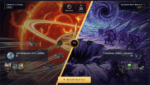 A full Stellarch match, start to finish: draft, battle, and the results screen.