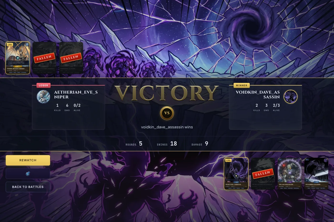 The redesigned end-of-battle results screen: both teams' rosters with commander cards, a metallic VICTORY nameplate over the winning side, FALLEN stamps on defeated Fighters, and a stat strip along the bottom