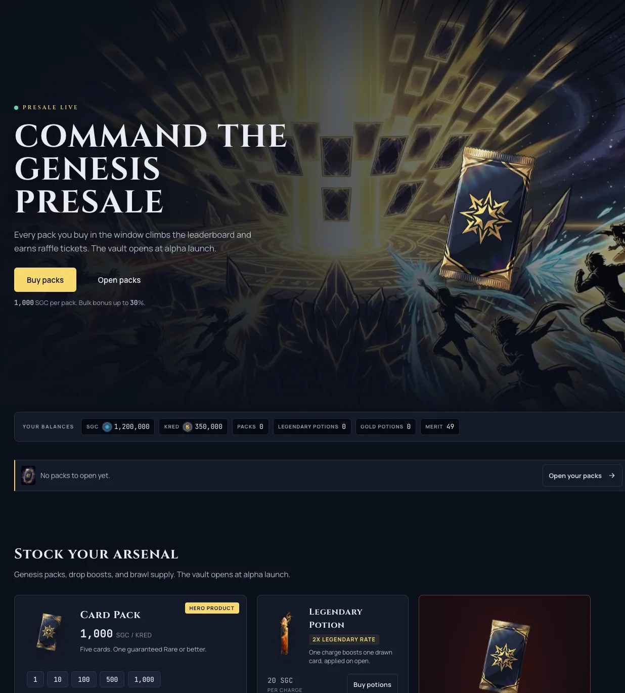 The rebuilt shop: a cinematic hero header, a presale showcase panel, a product grid of the Genesis pack and potions, and a curated fan of gold cards
