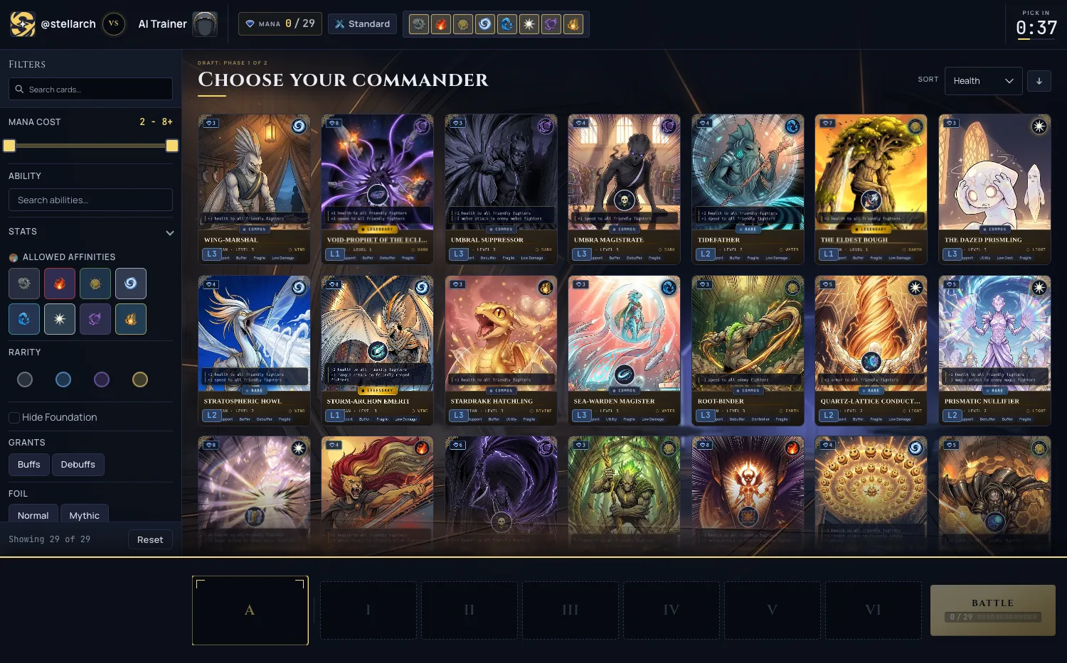 The full-viewport Theater Stage draft picker: a cinematic hangar backdrop, a top strip with the matchup and live mana count, a full-height filter rail down the left, and a bottom slot dock showing the drafted team as real card art