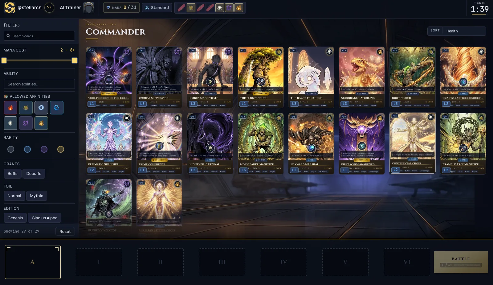 The full-viewport draft picker: a full-width team tray along the bottom, a top strip with the matchup and mana count, and a filter rail down the side