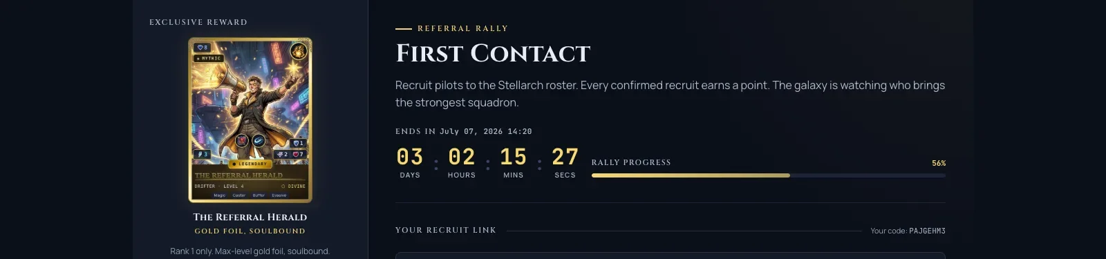 The redesigned referral dossier page: a cinematic hero, flush sections, a rules gate panel, and the mythic Referral Herald promo card