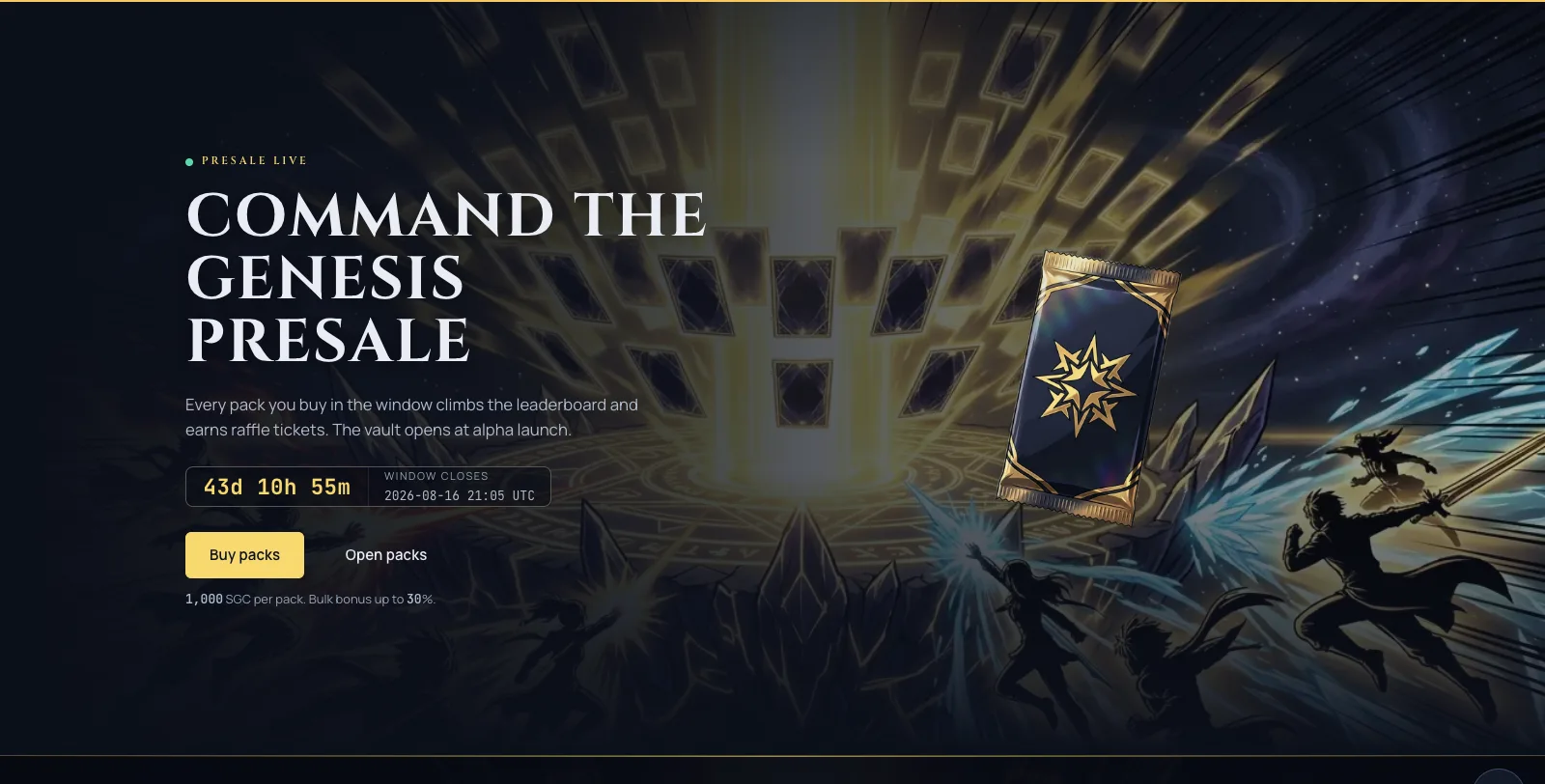 The rebuilt shop storefront: a cinematic hero header, an auto-cycling presale showcase, the Genesis pack and potions, and a balance strip along the bottom