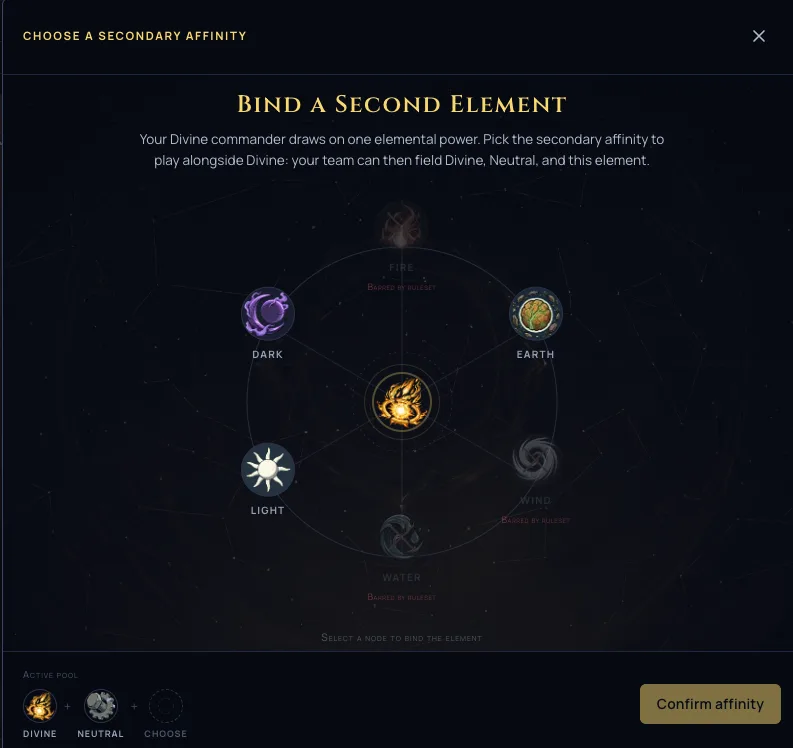 The Divine secondary-affinity star chart: seven elemental sigils orbiting a central Divine core on their own rings against a full cosmic backdrop inside the draft picker modal