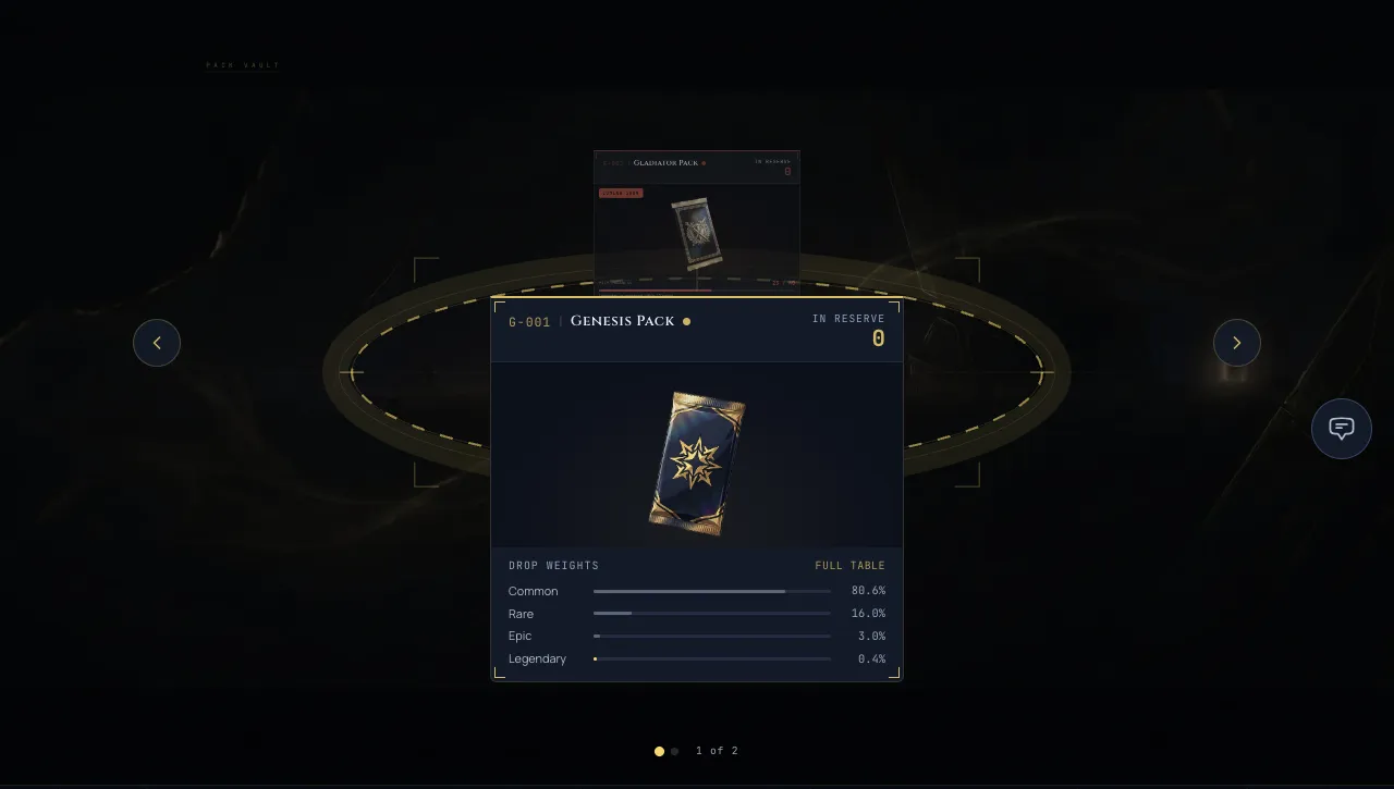 The redesigned Packs page: an orbit carousel of packs with a hero pack front and center and its art and contents on display