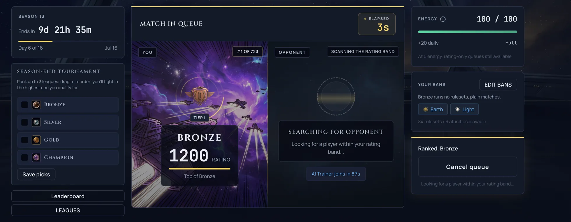 The /play command deck in queue: a live versus slate with your side facing the opponent search, the season-end tournament ladder on one side, and the energy and bans rails on the other