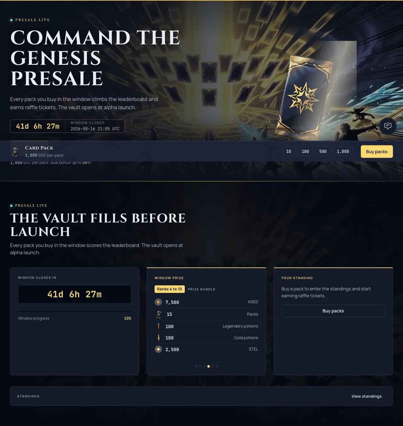 The shop storefront where you buy KRED and packs: the Genesis presale hero and the window showcase