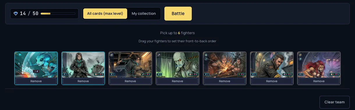 The draft picker lineup dock in the Battle Lab, with the remove control sitting directly under each drafted Fighter