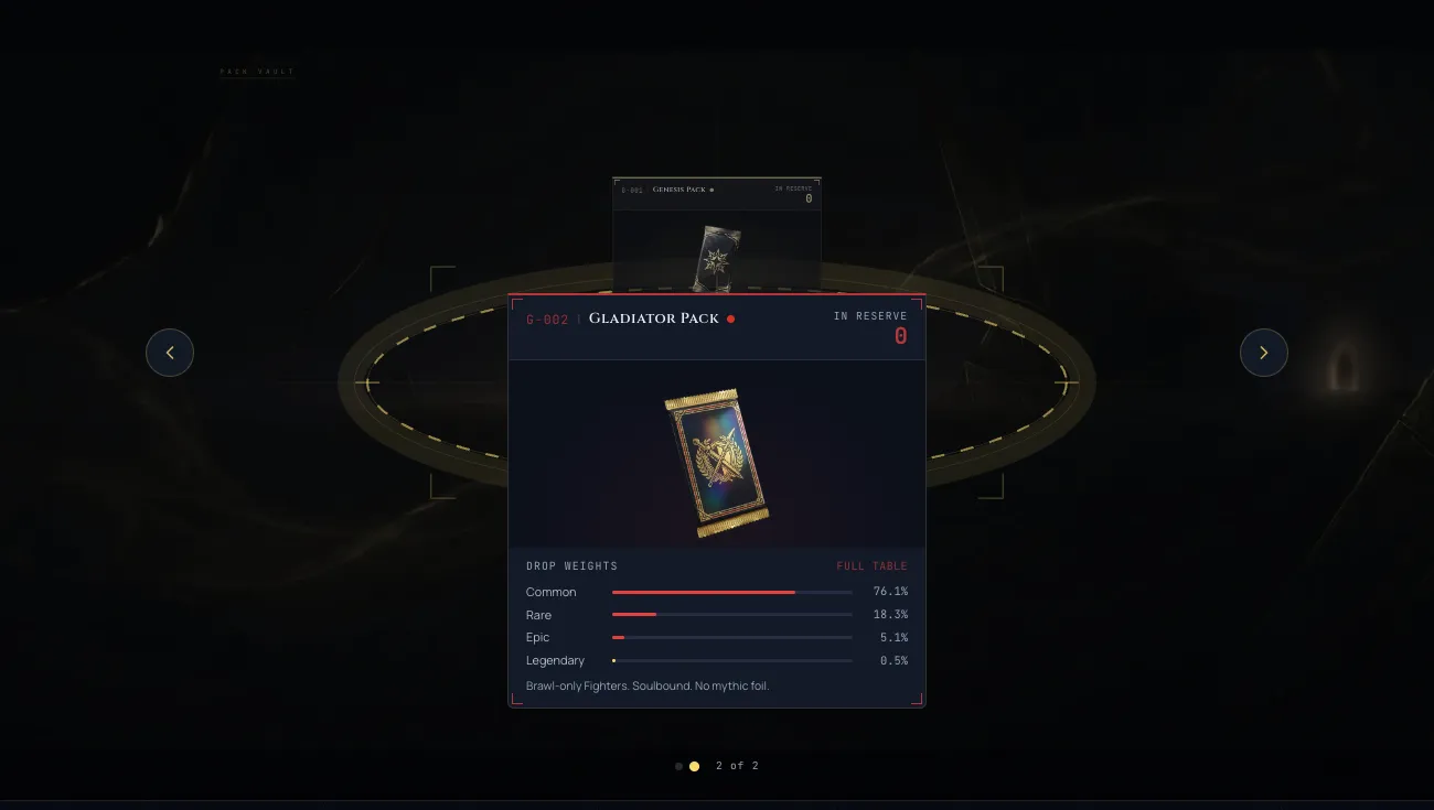 The Gladiator Pack dossier in the Vault carousel, showing the live reserve count and the star-chart opening ceremony