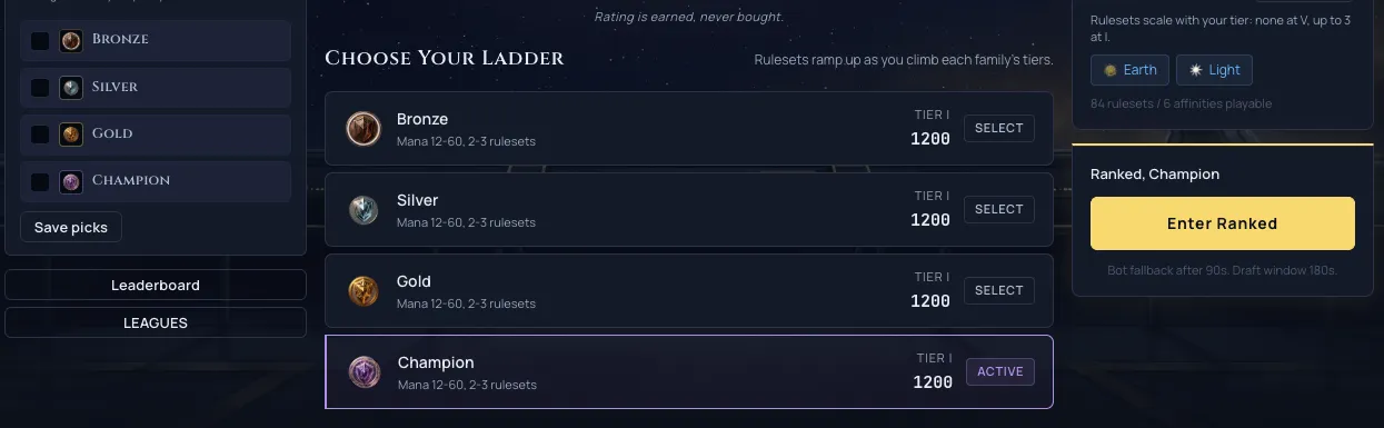 The /play ranked screen showing the uniform mana band and the per-tier ruleset counts for each league family