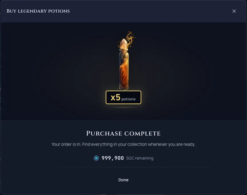 The Reward Podium purchase ceremony: the bought pack rises onto a lit stage with a gold quantity badge and bonus items beside it