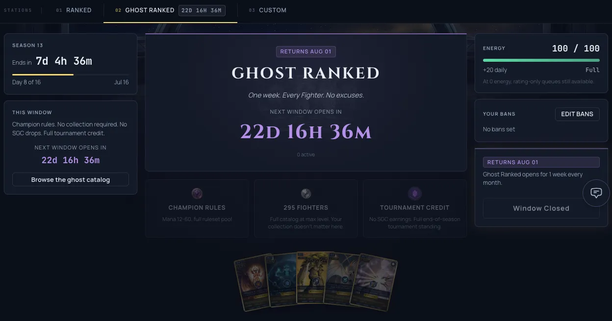 The Ghost Ranked monolith hero on /play, with the next-window countdown, live active count, and the champion-rules feature cards