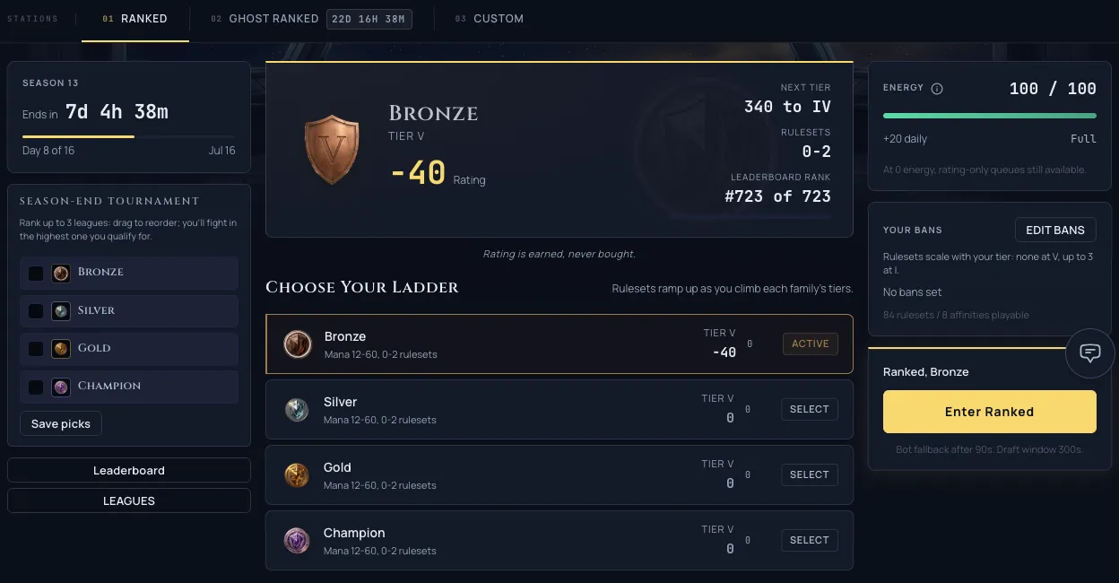 The redesigned /play ranked standing panel with league badge, rating, tier progress, family rows, and per-ladder live player counts