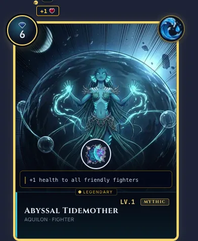 The rebuilt Affinity Forge card composite on a mythic-gold legendary Fighter, showing the floating mana gem, affinity crest, edge stat pills, ability strip, rarity divider, and name strip