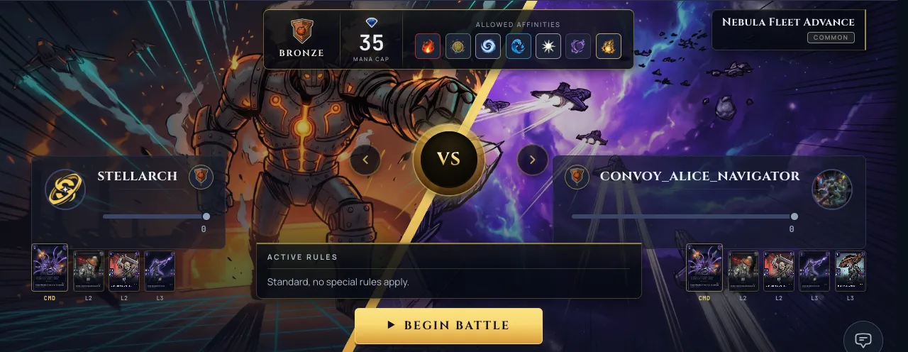 The VS showdown start screen with the new machine-legion war-titan battlescape rendered behind the AI trainer side