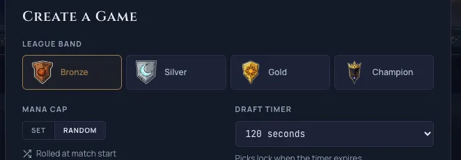 The custom game league band picker with two-column family tiles, emblem left and name right, all four families in one row