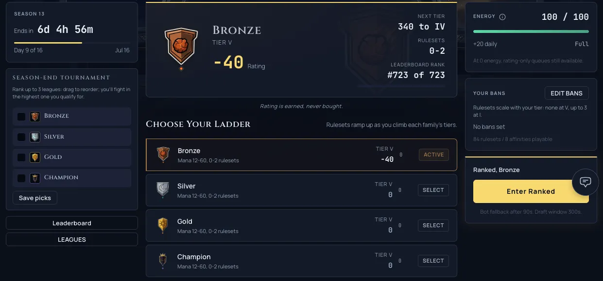 The new league crest set on the ranked command deck, showing the tier crest in the standing panel and the current-tier crest on each Choose Your Ladder family row