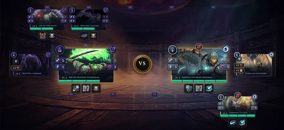 The replay widget arena at desktop width, with commanders on the edge rails and the frontline tanks pulled inward toward the center