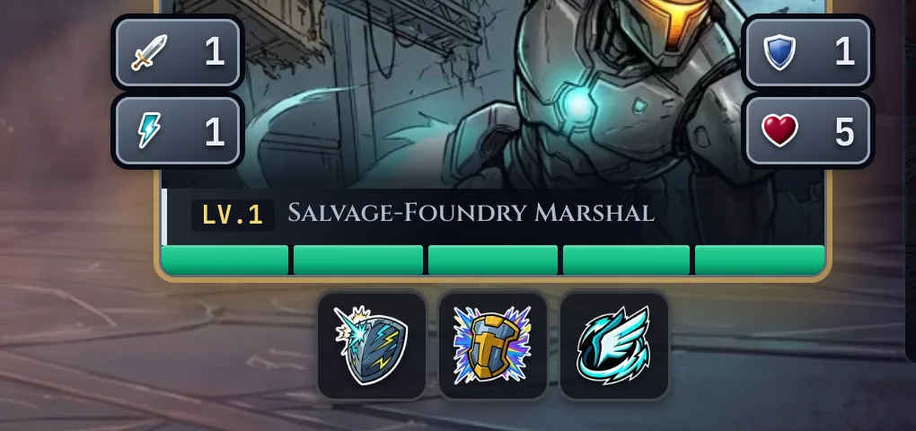 A Fighter card in the arena with its ability medallions rendered as flat status icons instead of clickable-looking buttons