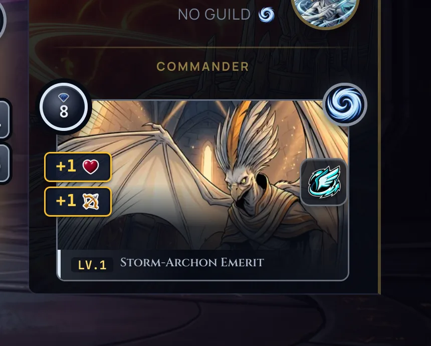 A commander card on its replay edge rail: gold plus-one-health and plus-one-ranged buff pills stacked on the left, the skill medallion on the right, both clearing the nameplate