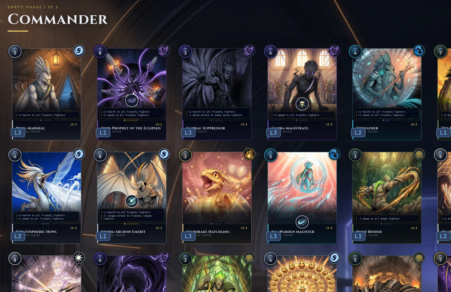 The draft picker commander grid with clean card tiles, each showing mana, affinity, art, ability text, name, level, and rarity without a redundant name tooltip